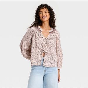Raglan Long Sleeve Tie-Front Blouse